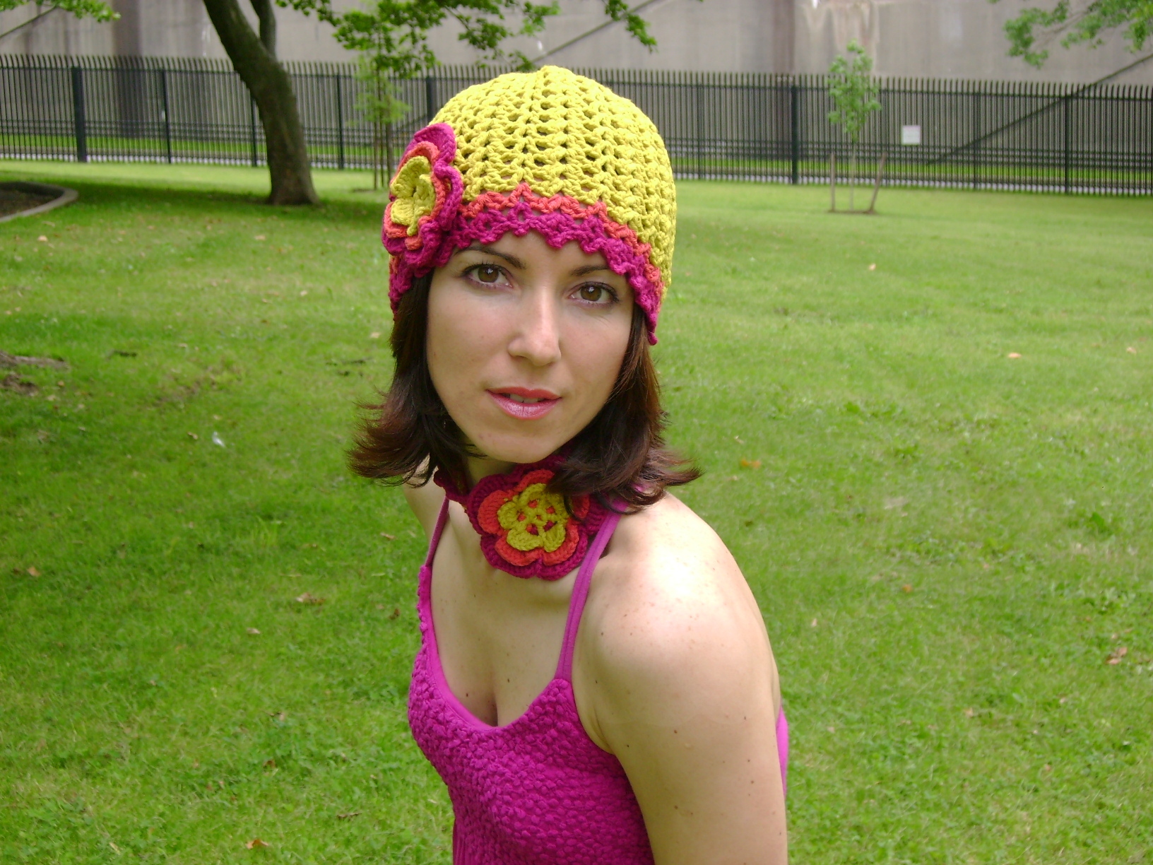 									Happy crochet set  lovely hat and flower neckwarmer necklace			